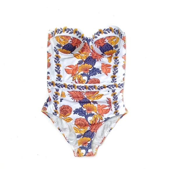 Tory Burch Floral Strapless Underwire One-Piece Swimsuit Orange Vine SP Small - Picture 1 of 12